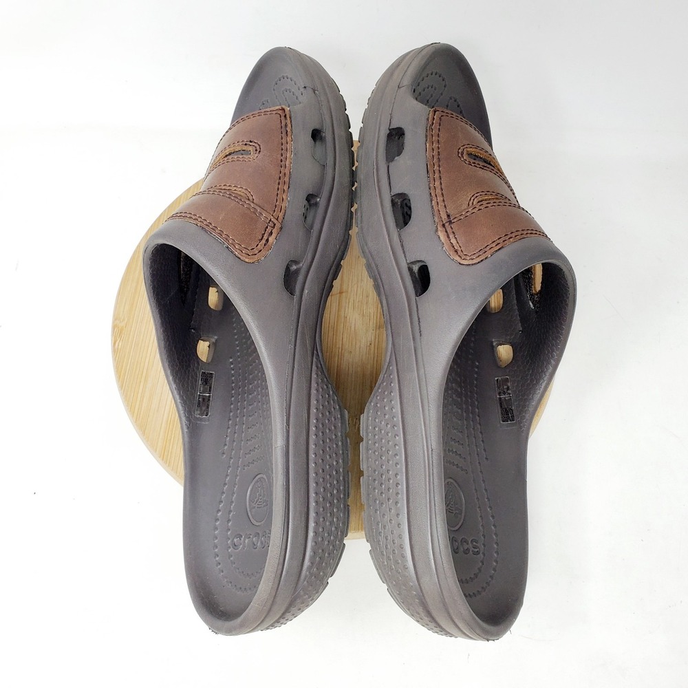 Crocs Yukon Mesa Slide Sandals Mens 9 Brown Leather Slip On Shoes - Picture 10 of 13